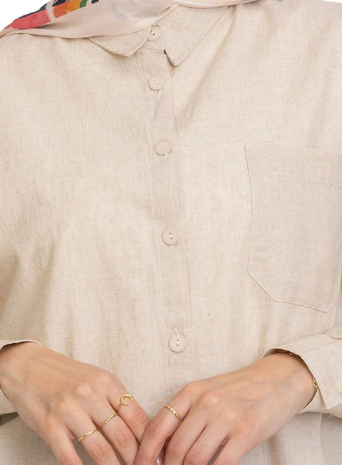 Beige Pocket Over Size Linen Shirt - Khotwh
