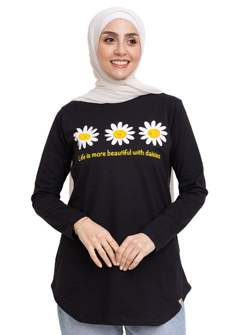 Black Printed Long - Sleeve Design 13 - Khotwh