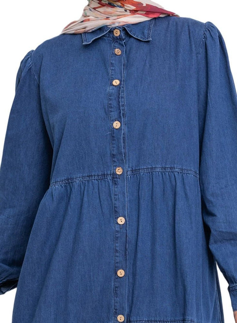 Blue Button Denim Dress - Khotwh