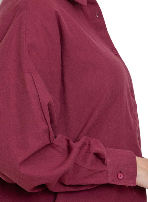 Brick Red Linen Pocket Over Size Shirt - Khotwh