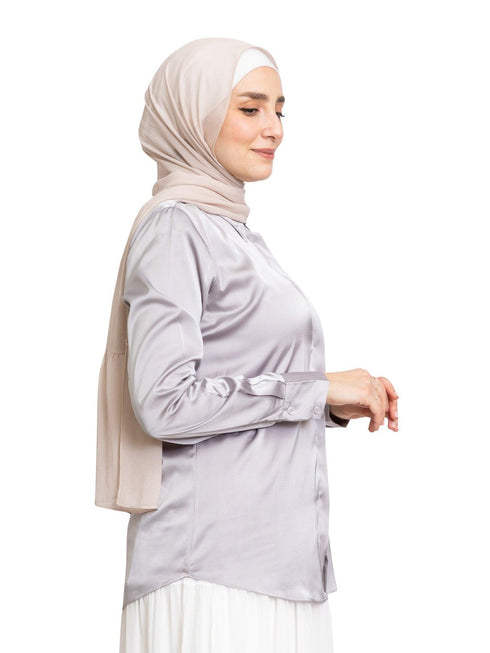 Grey Satin Collar Blouse - Khotwh
