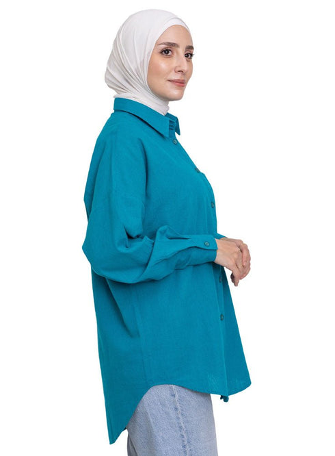 Tile Blue Linen Pocket Over Size Shirt - Khotwh